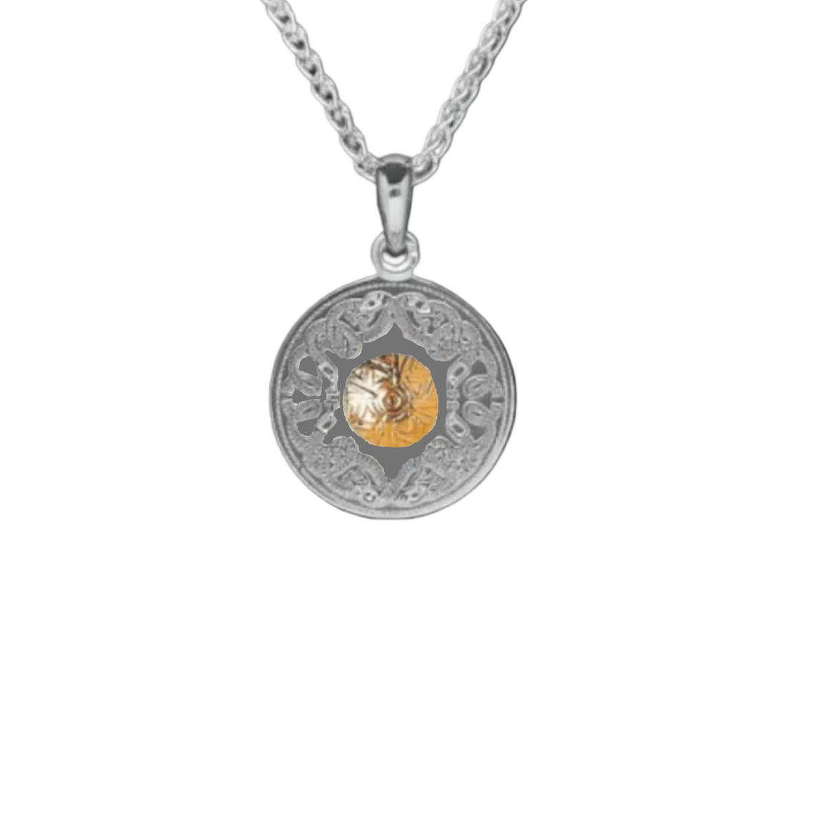 A necklace with a silver pendant. The pendant is intricately carved with twisting Celtic serpents. There is a gold bead in the center.