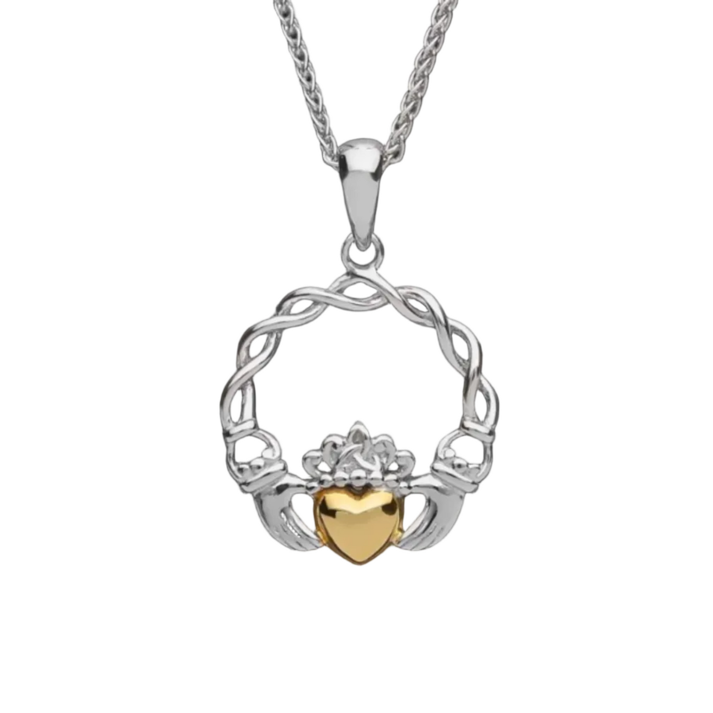 A silver claddagh pendant with a weave design and a solid gold heart in the center.