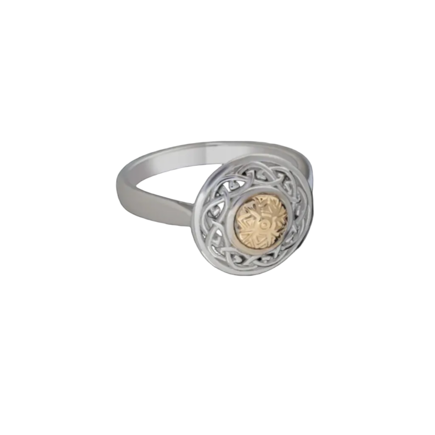 A silver ring with an intricately carved shield-shaped top and an 18k gold bead in the center,