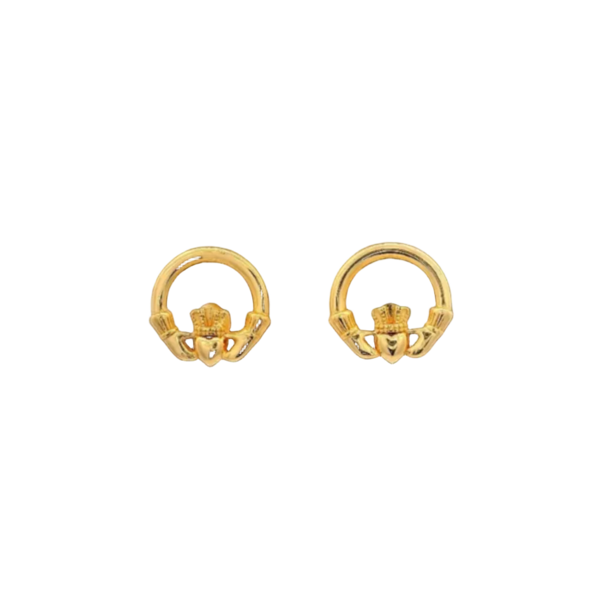 A pair of round, golden claddagh earrings.