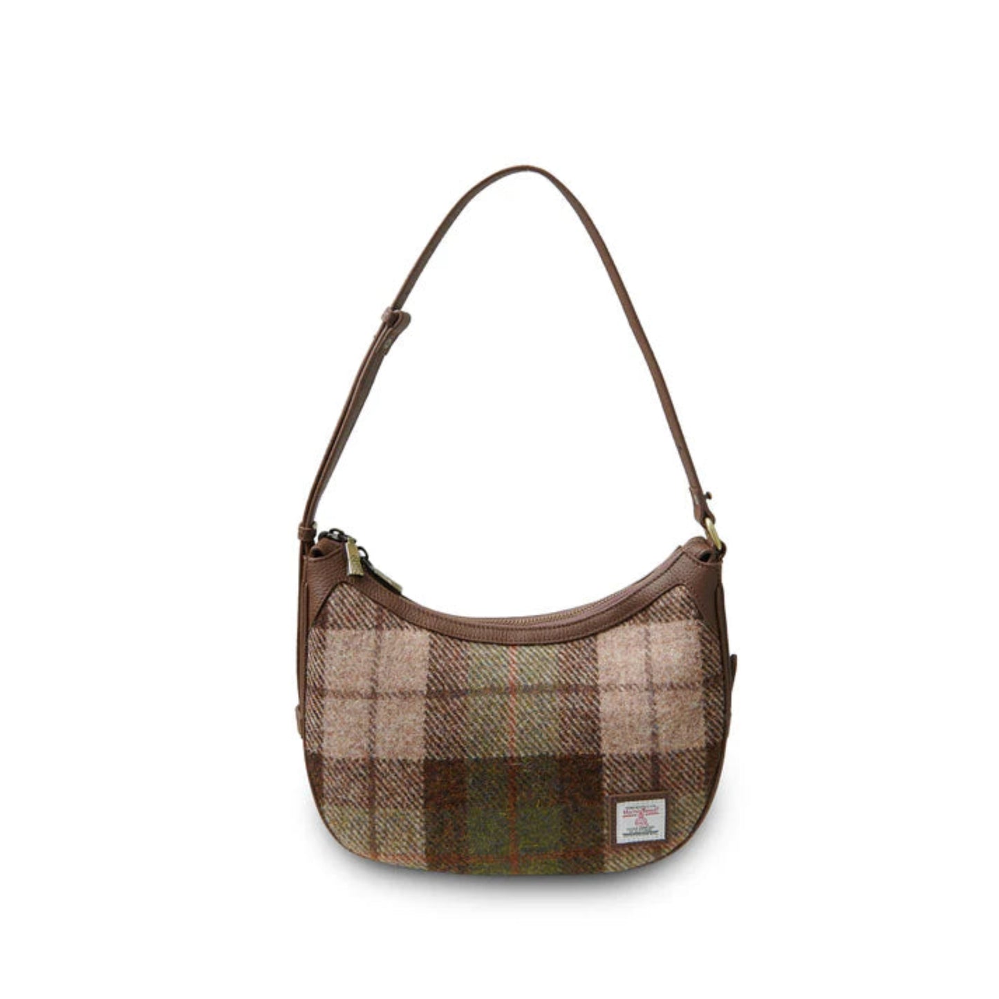 Hobo bag with plaid pattern and brown leather accents on a white background