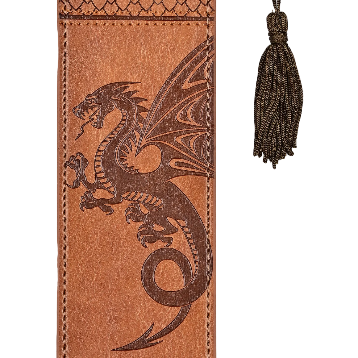 Brown leather bookmark with embossed dragon design and tassel