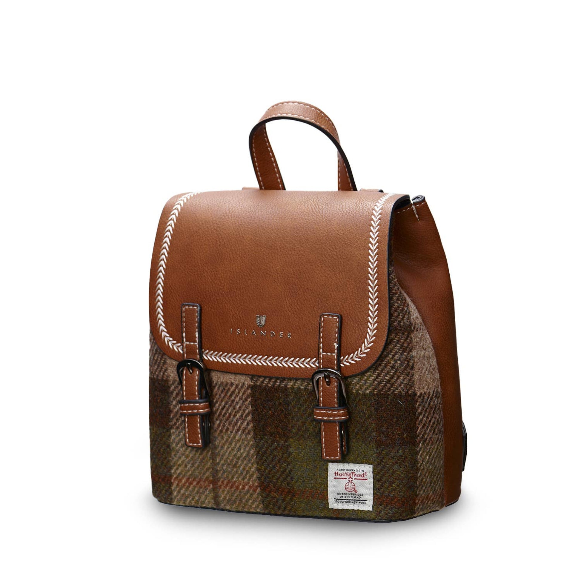 A brown tartan Mini Jura backpack with a PU leather body and a Harris Tweed front panel, featuring a magnetic clasp, hidden zip pocket, reinforced handle, and adjustable shoulder straps.