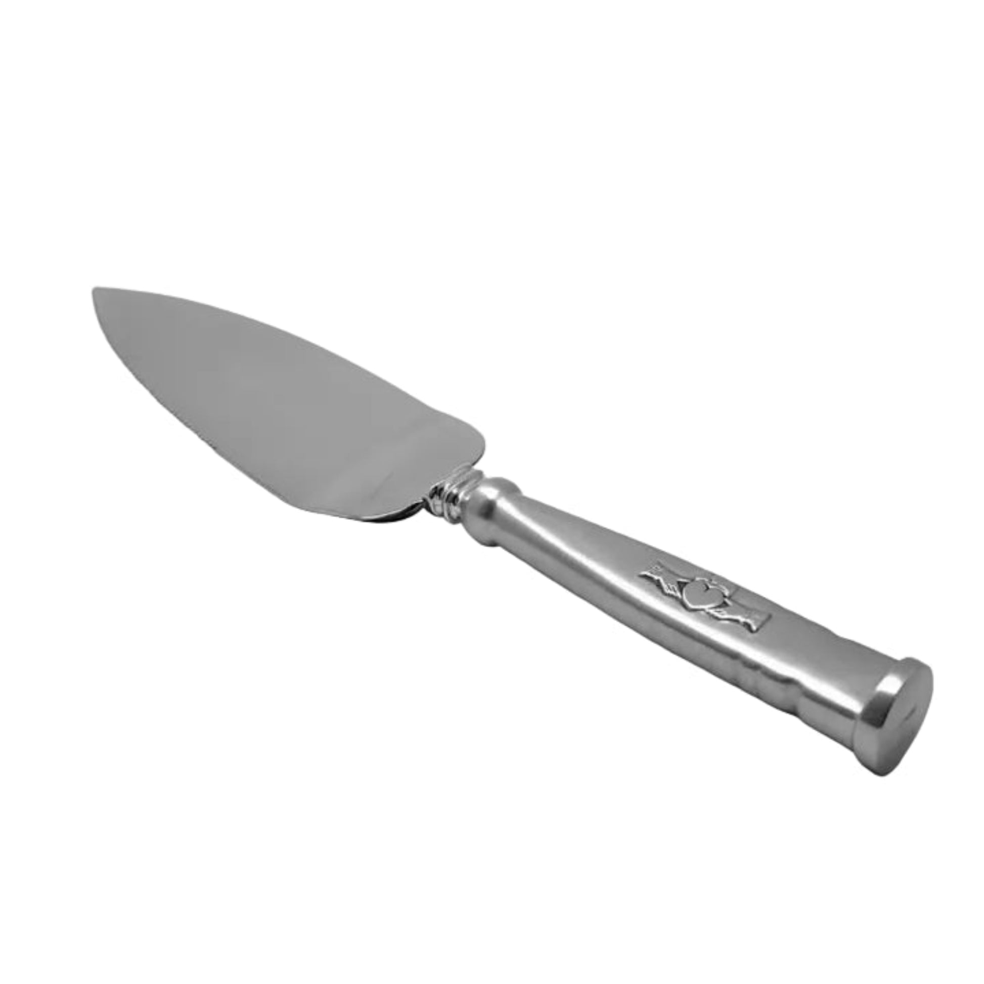 Silver cake server with a claddagh emblem on the handle on a white background