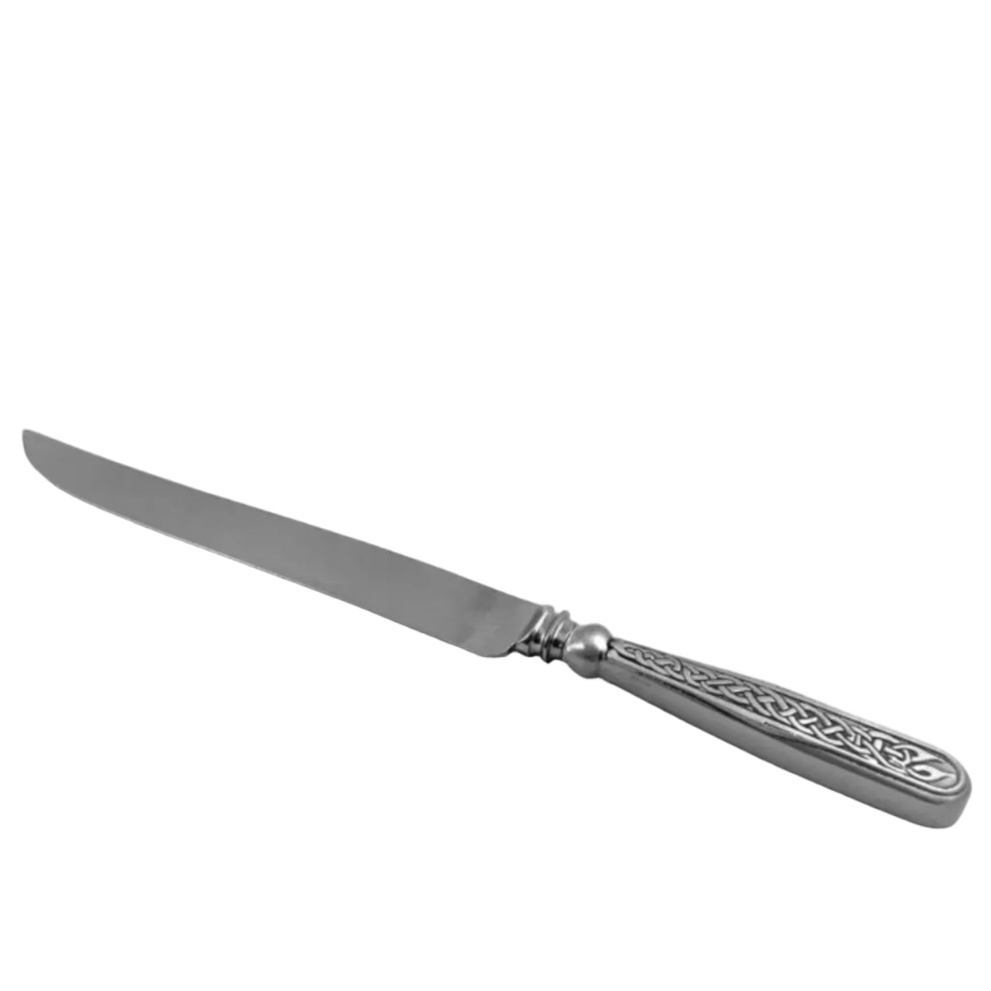 Silver knife with decorative celtic knotwork handle on a white background