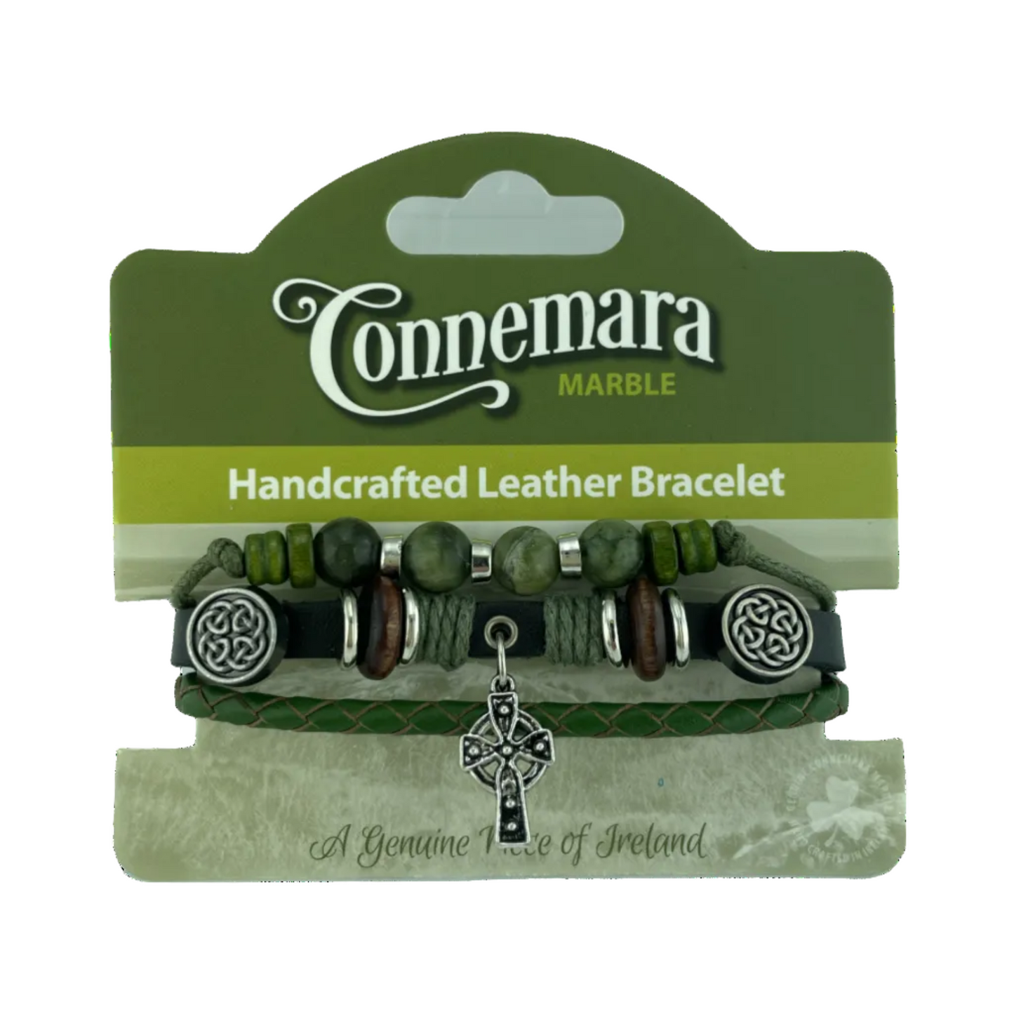Handcrafted leather bracelet with beads and Celtic knot charm on Connemara Marble packaging.