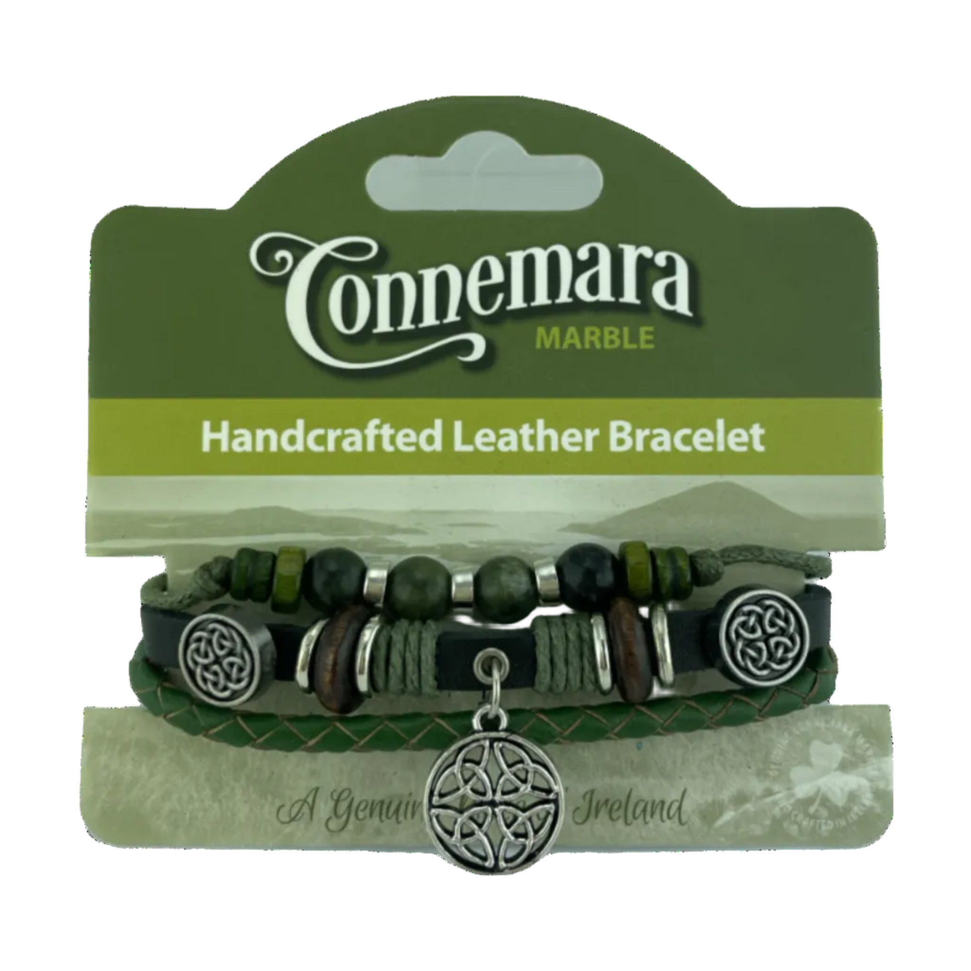 Handcrafted leather bracelet with beads and Celtic charm on Connemara Marble packaging.
