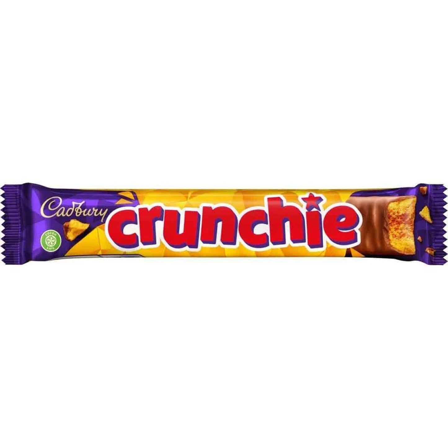 Chocolate bar inside a gold and purple wrapper. Red text that reads "crunchie."