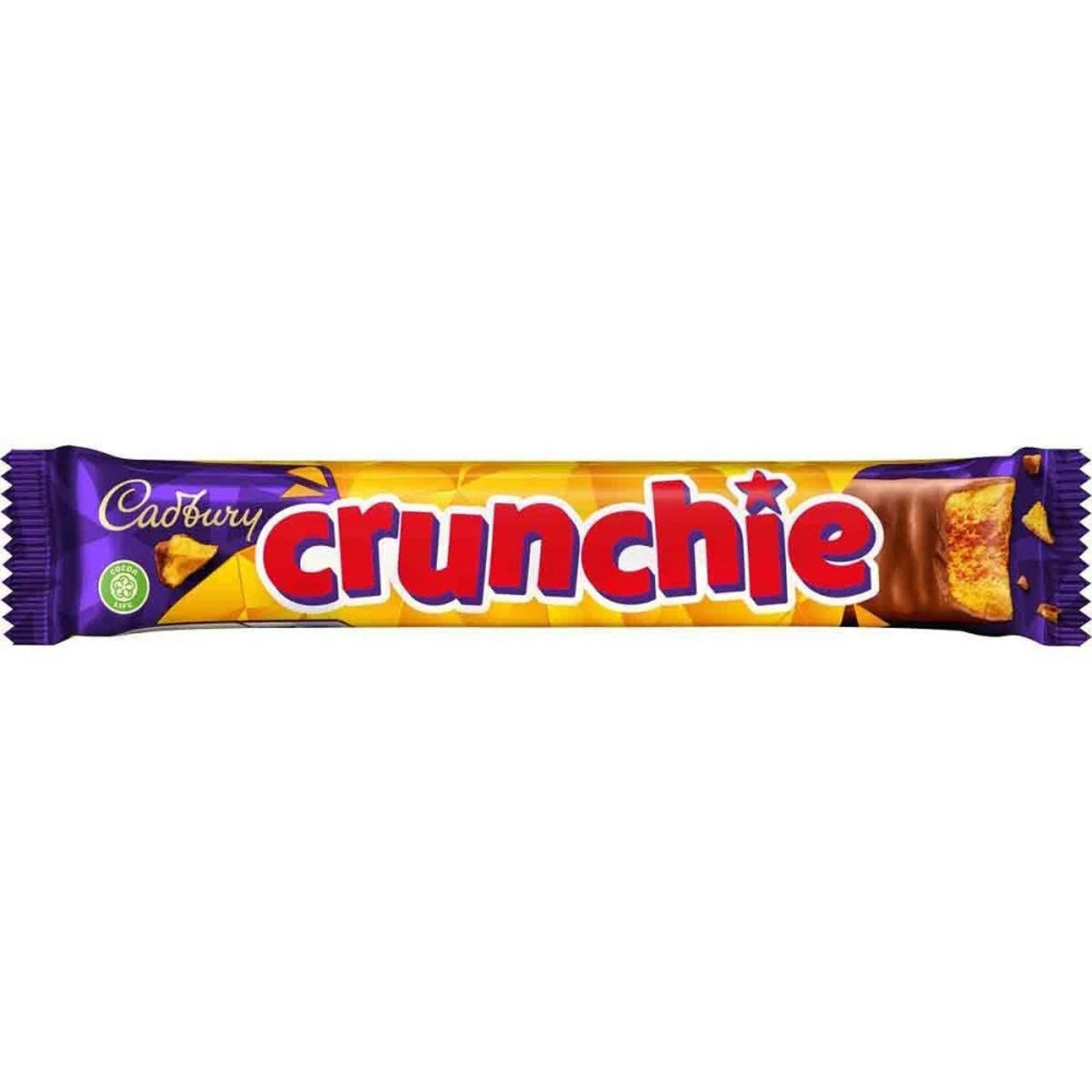 Chocolate bar inside a gold and purple wrapper. Red text that reads "crunchie."