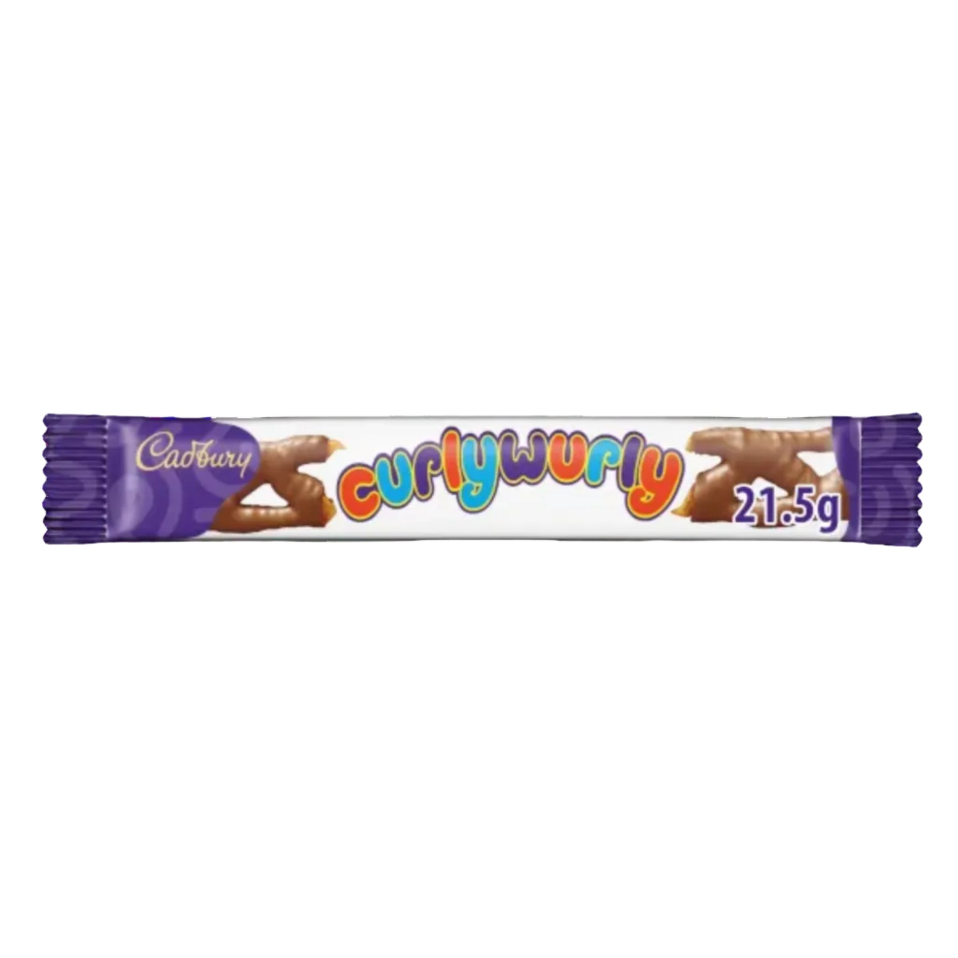 A long, thin, white and purple wrapper. Image of a ladder-shaped caramel  chocolate bar and colorful text that reads "curlywurly."