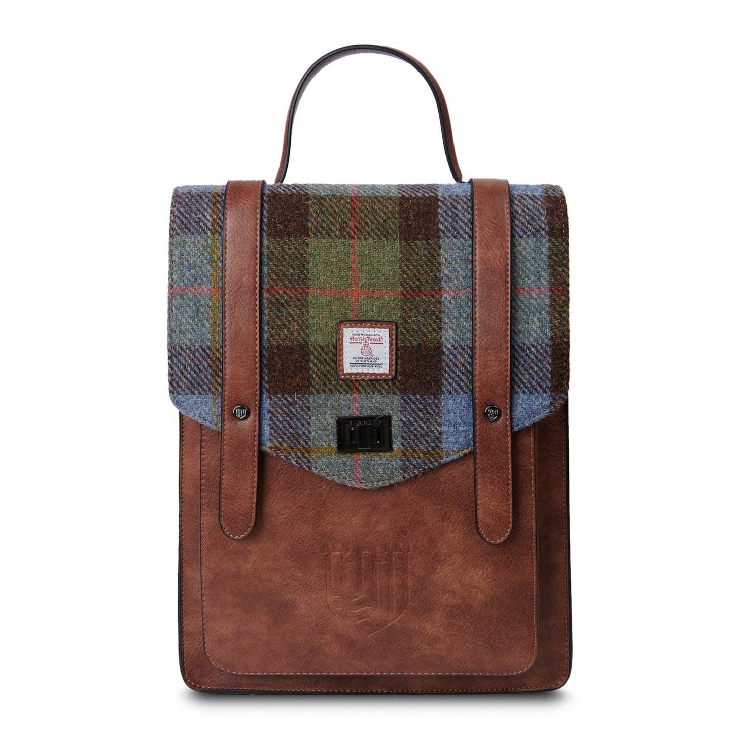 A brown and purple plaid backpack with a microfiber leather body and a Harris Tweed lid, featuring a dual-buckle closure and an adjustable shoulder strap.