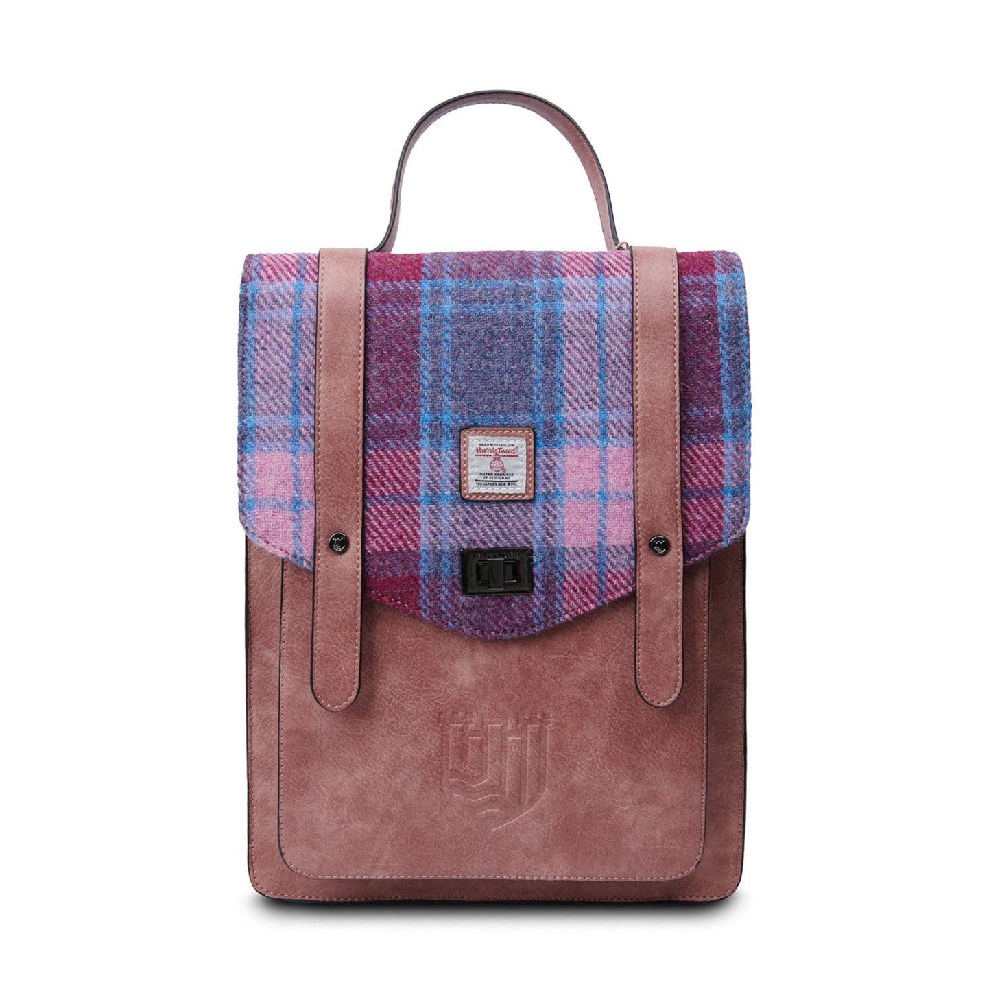 A brown and purple plaid backpack with a microfiber leather body and a Harris Tweed lid, featuring a dual-buckle closure and an adjustable shoulder strap.