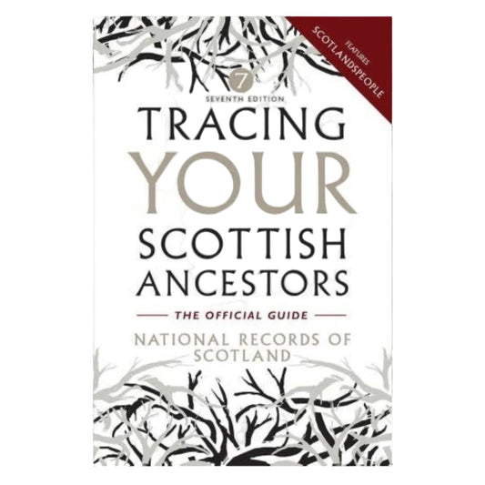 White book cover with greyscale branch illustrations and text that reads: "tracing your scottish ancestors / the official guide / national records of scotland"