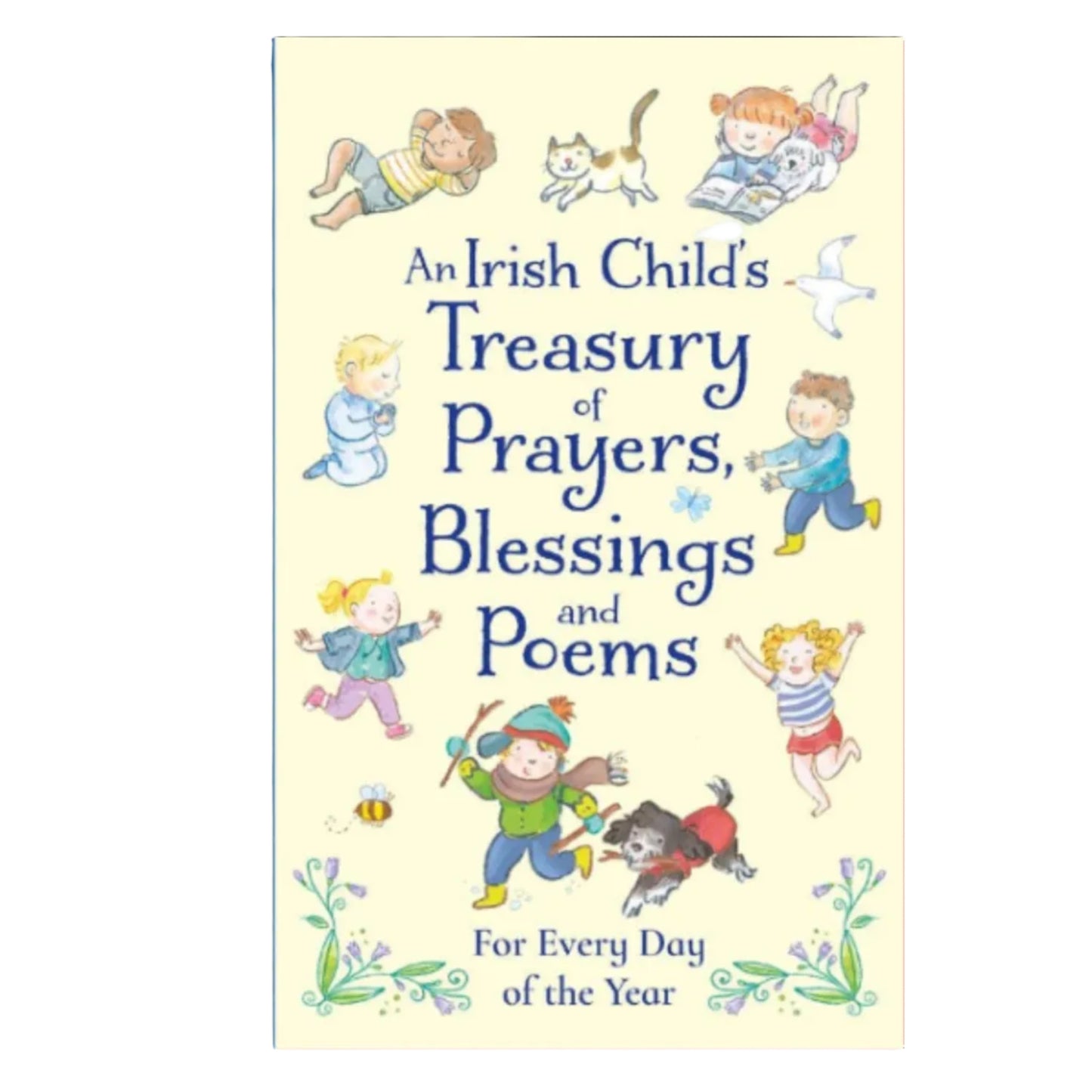 Beige book cover with blue accents and illustrations of children doing various activities. Text that reads, "An Irish Child's Treasury of Prayers, Blessings, and Poems / For Every Day of the Year"