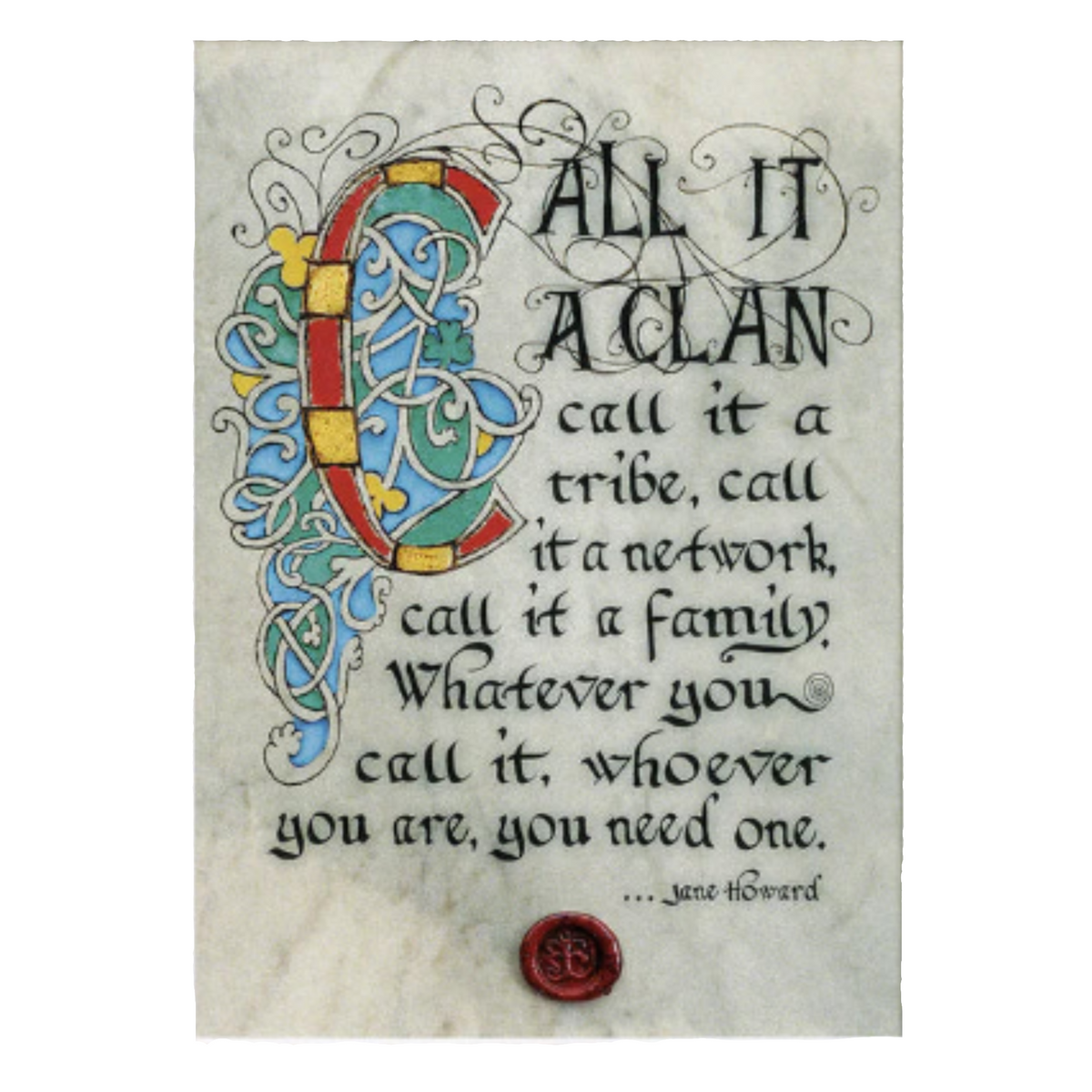 A tan Celtic manuscript print with colorful calligraphy and a red stamp.