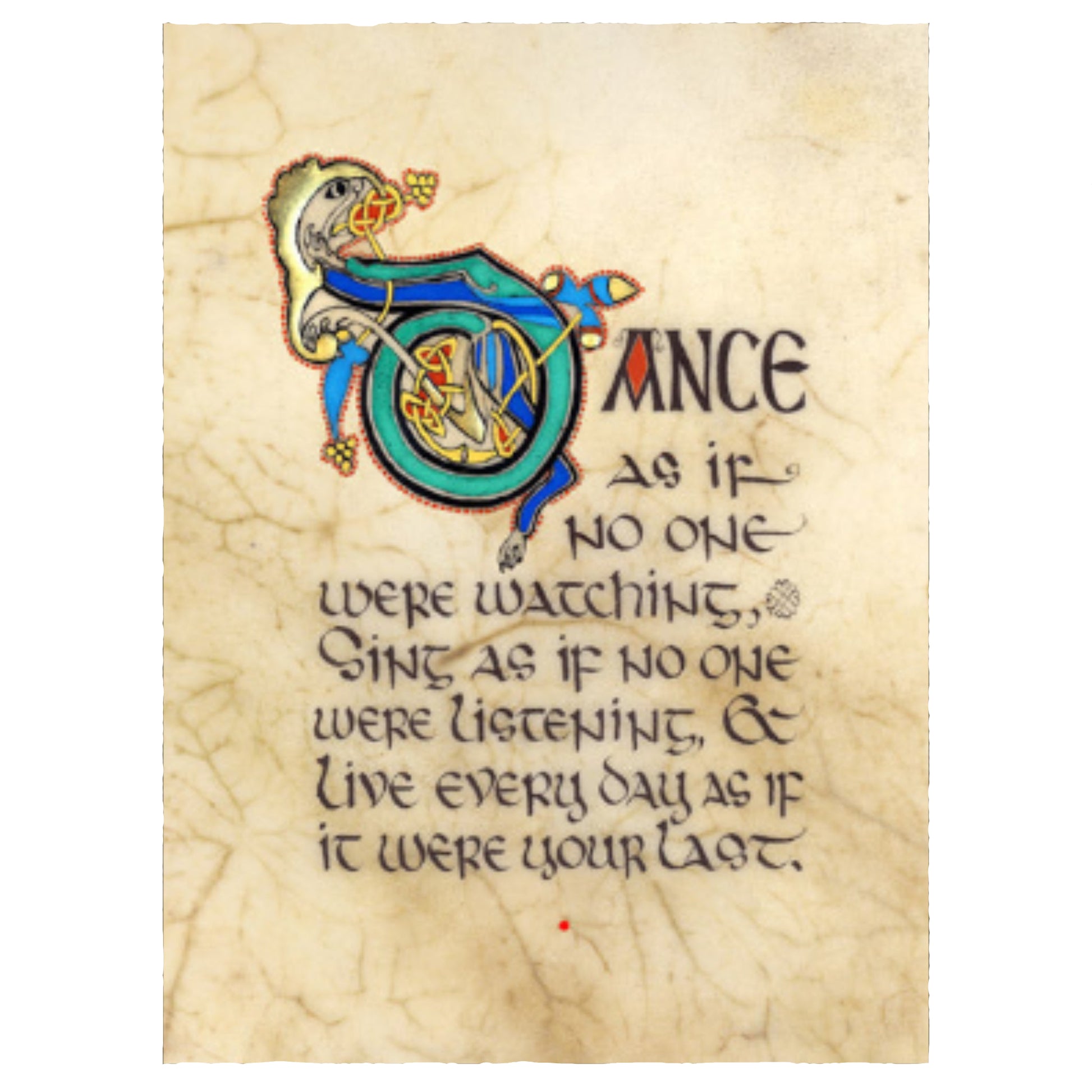 Beige manuscript print with colorful calligraphy and black text. 