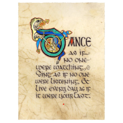 Beige manuscript print with colorful calligraphy and black text. 