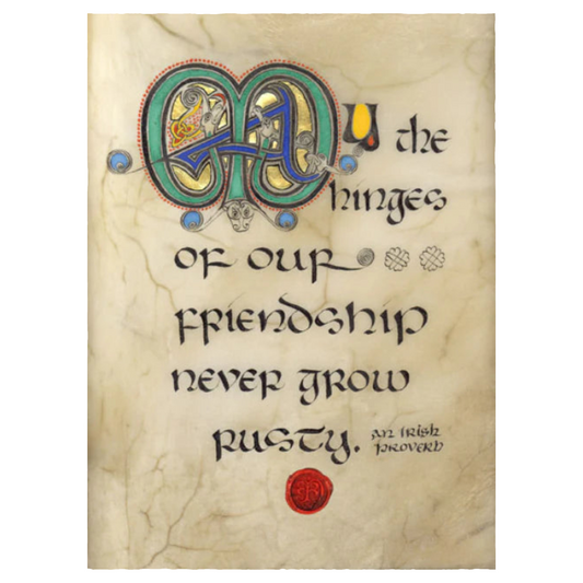 Beige manuscript print with colorful calligraphy, black text, and a red stamp.