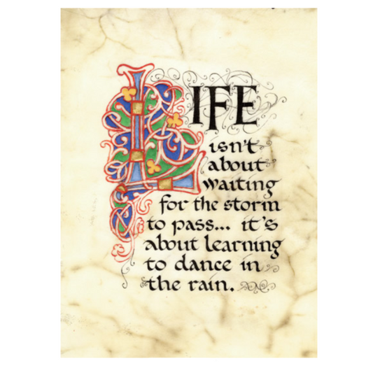 A beige manuscript print with colorful, intricate calligraphy.