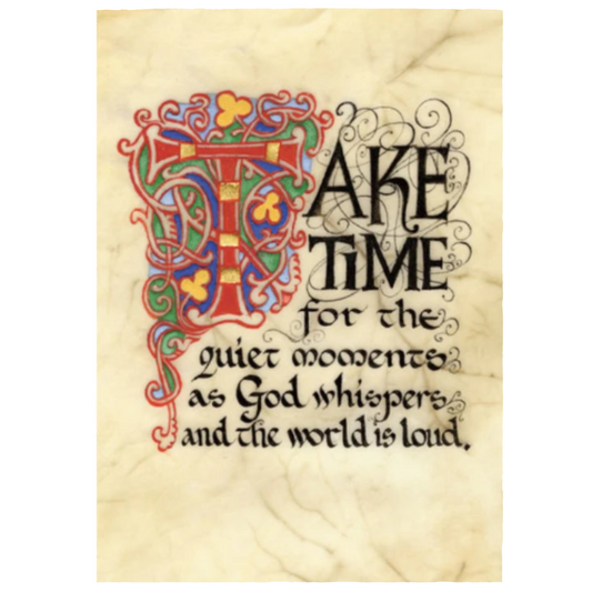 Beige manuscript print with colorful calligraphy and black text.