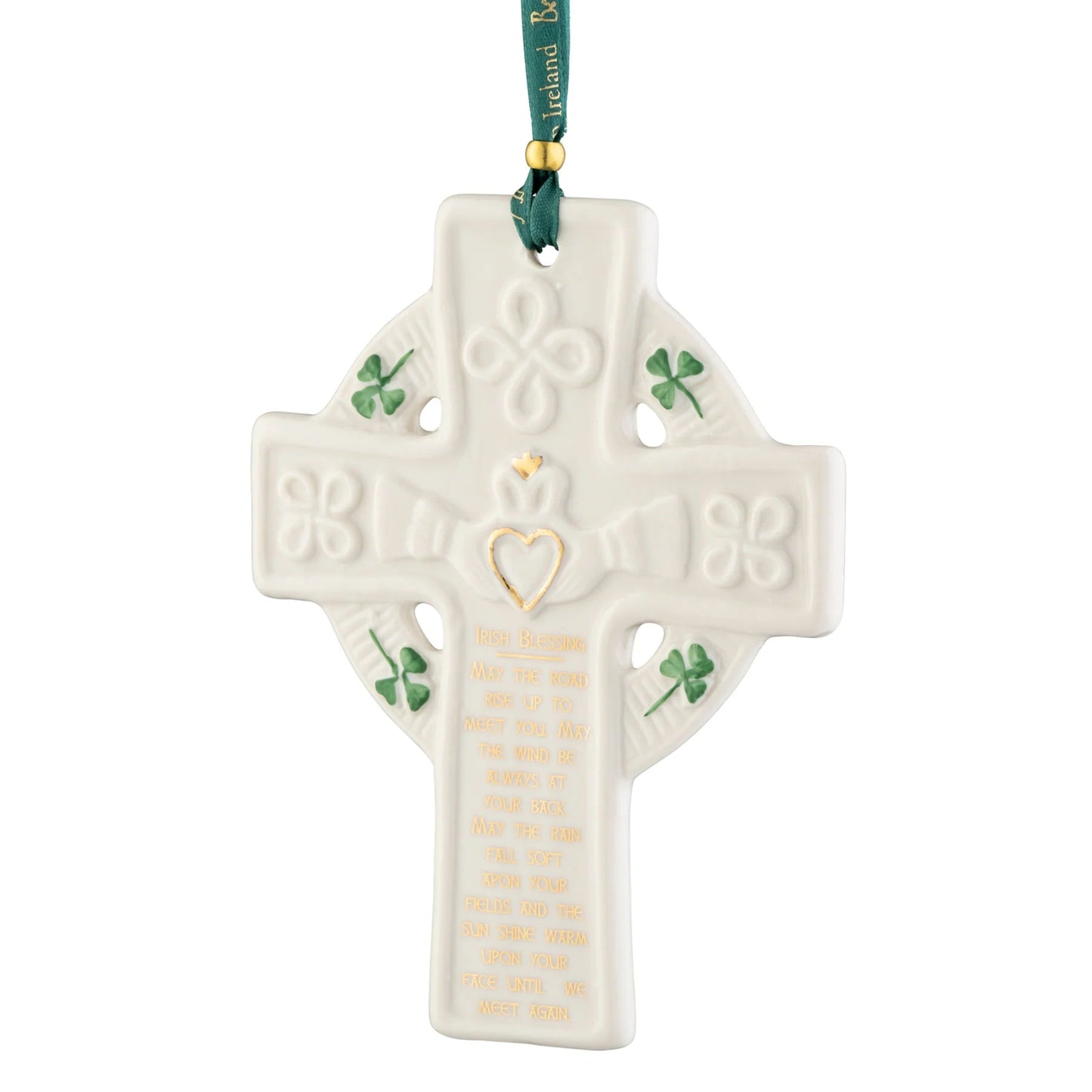 Celtic cross ornament with shamrock designs and a blessing written in gold.