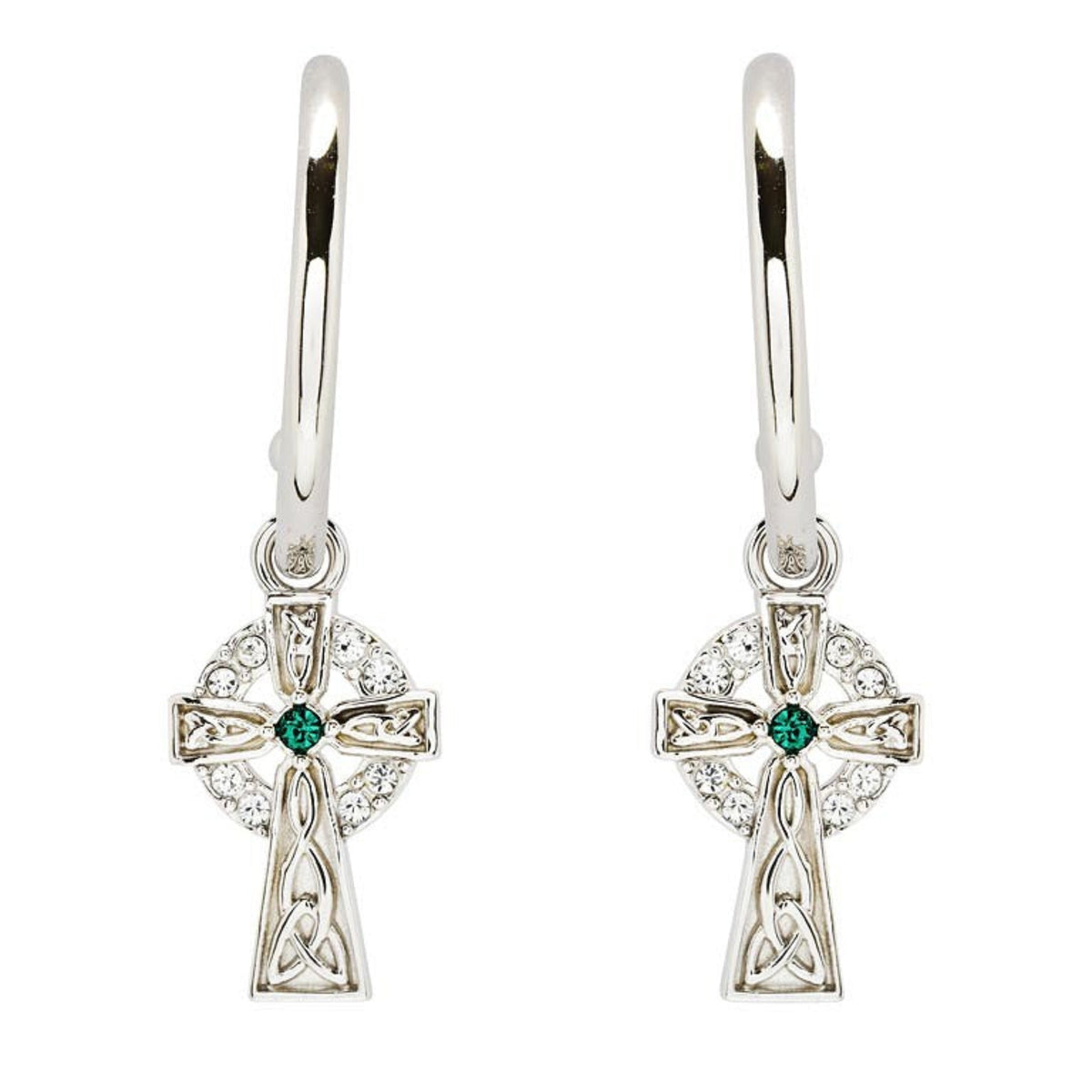 A pair of sterling silver hoop earrings with a Celtic cross design and green cubic zirconia at the center.