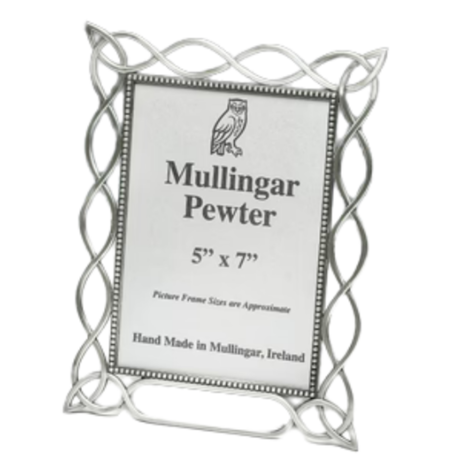 Silver pewter picture frame with 'Mullingar Pewter' label on a white background