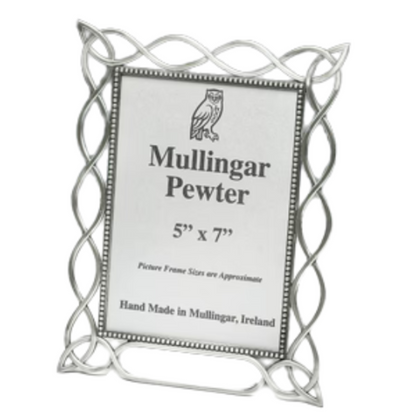 Silver pewter picture frame with 'Mullingar Pewter' label on a white background