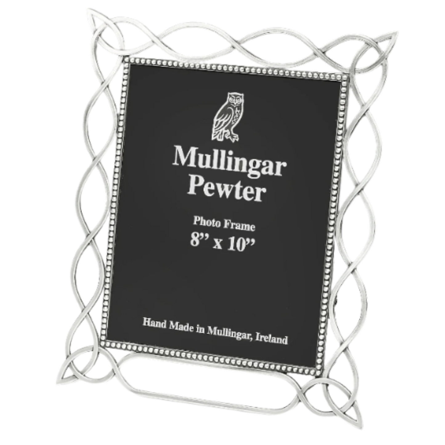 Silver photo frame with 'Mulligan Pewter' branding on a black background