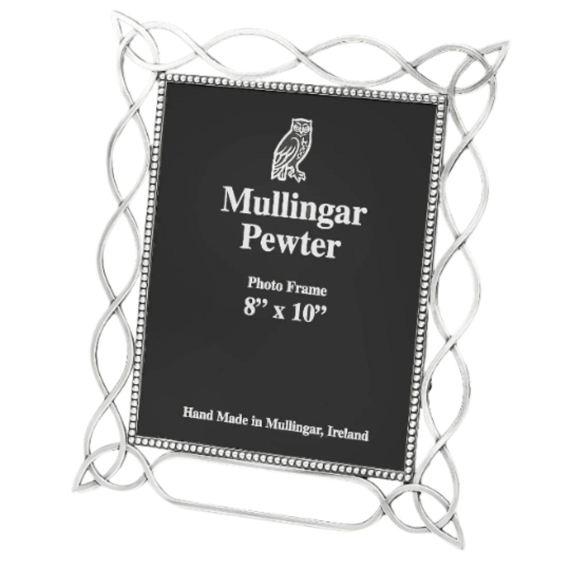 Silver photo frame with 'Mulligan Pewter' branding on a black background