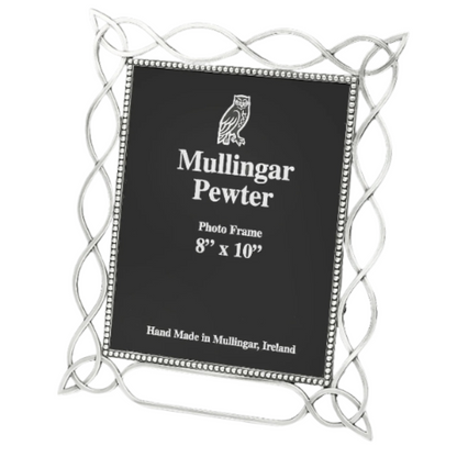 Silver photo frame with 'Mulligan Pewter' branding on a black background