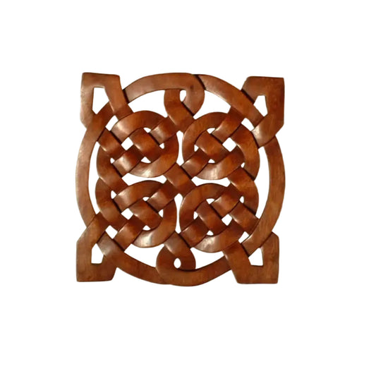 A hand-carved mahogany wood sculpture representing a Sailor's Knot Celtic pattern.