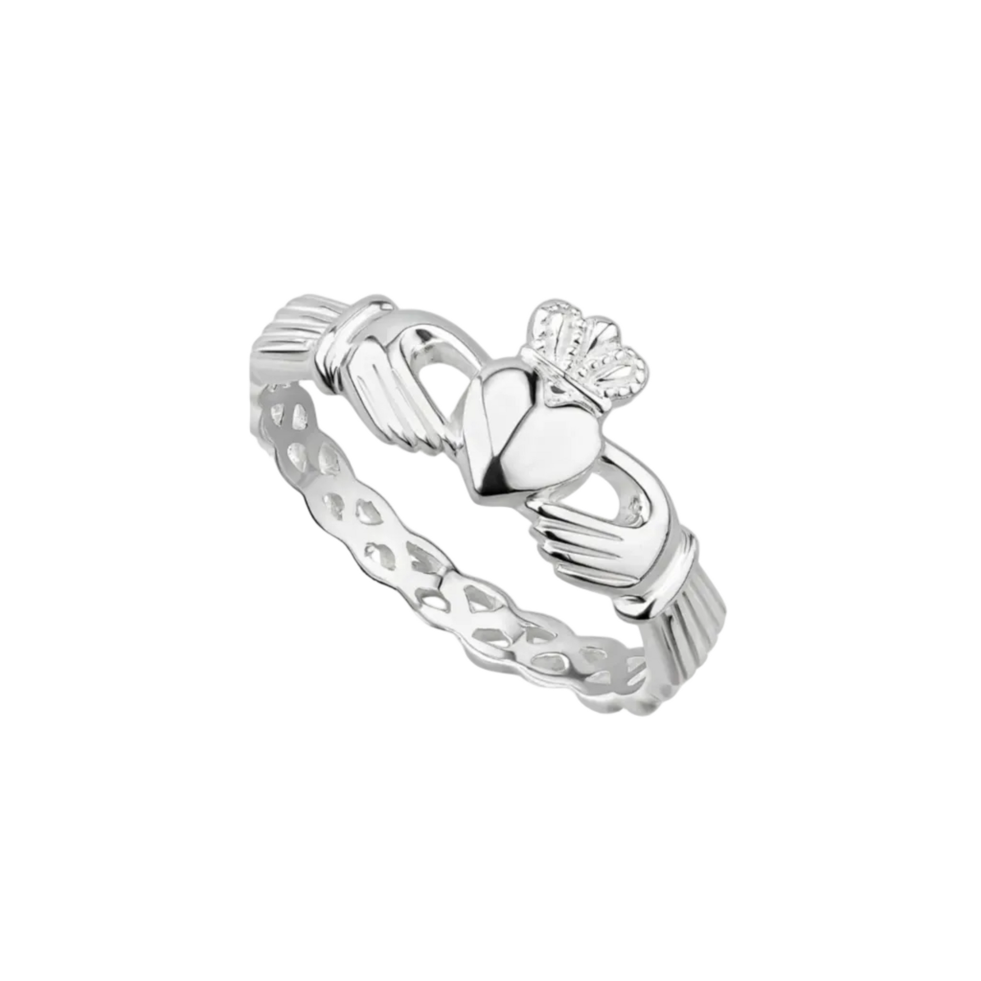 A dainty sterling silver claddagh ring. The band is cut in a Celtic weave design.