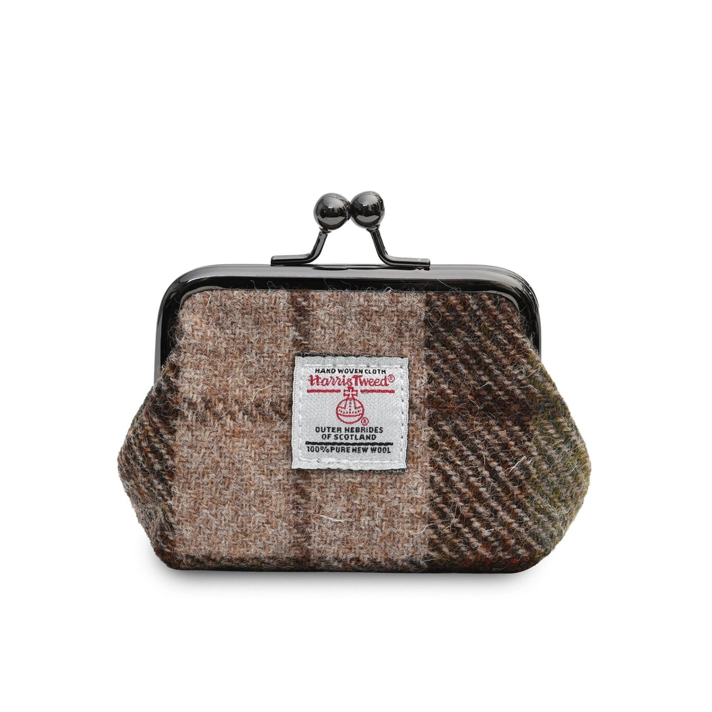 A collection of Harris Tweed coin purses with metal snap closures in various colors.