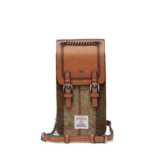 A brown Harris Tweed and microfiber leather phone tote with an adjustable chain strap, featuring a buckle closure and a brand label.