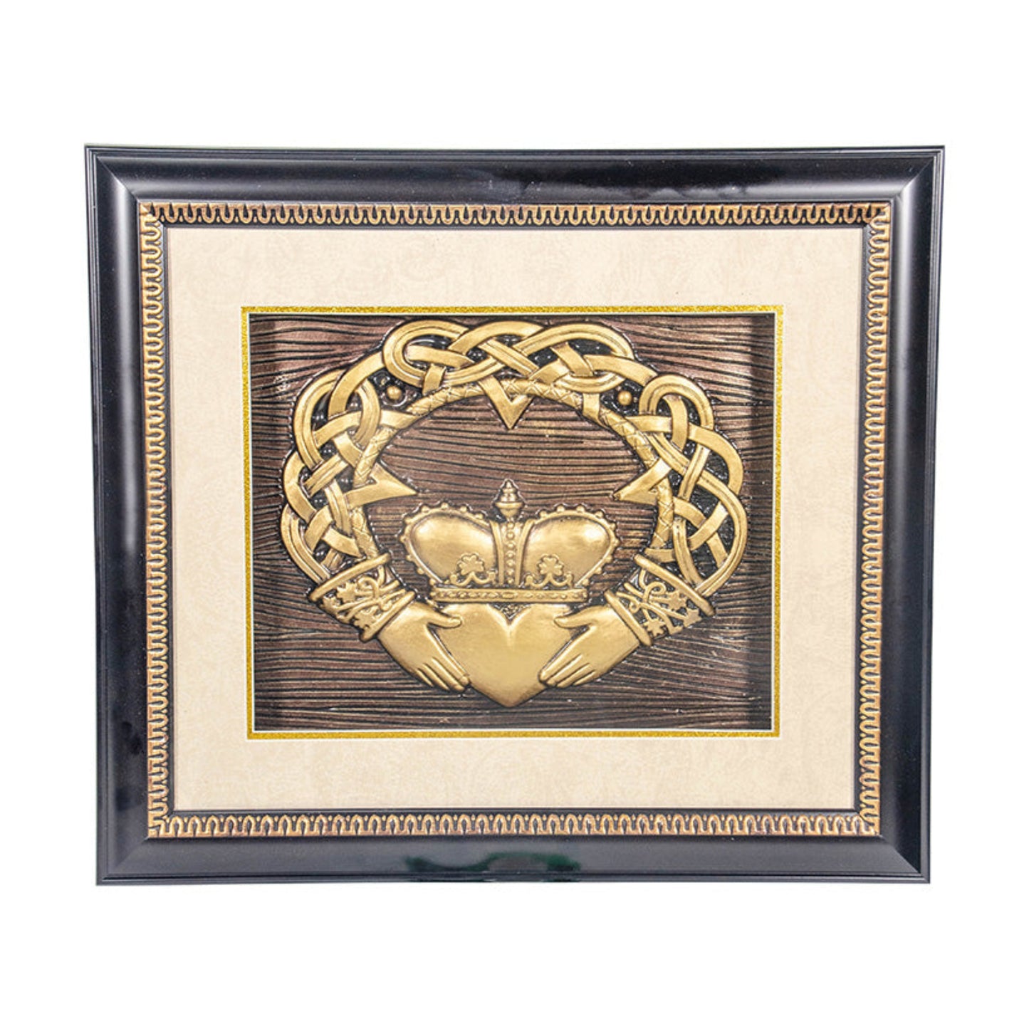 Decorative plaque with Claddagh design and crown in a black frame on a white background