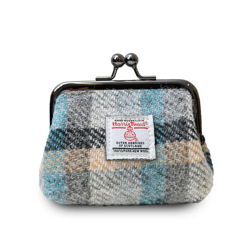 Harris Tweed coin purse with a visible label on a white background
