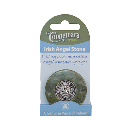 A round green marble stone with a silver-colored angel emblem in the center. Packaged in blue cardboard.
