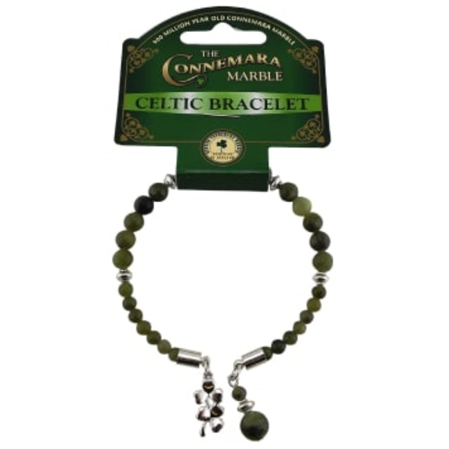 Green beaded bracelet with silver accents on a Connemara Marble branded card.