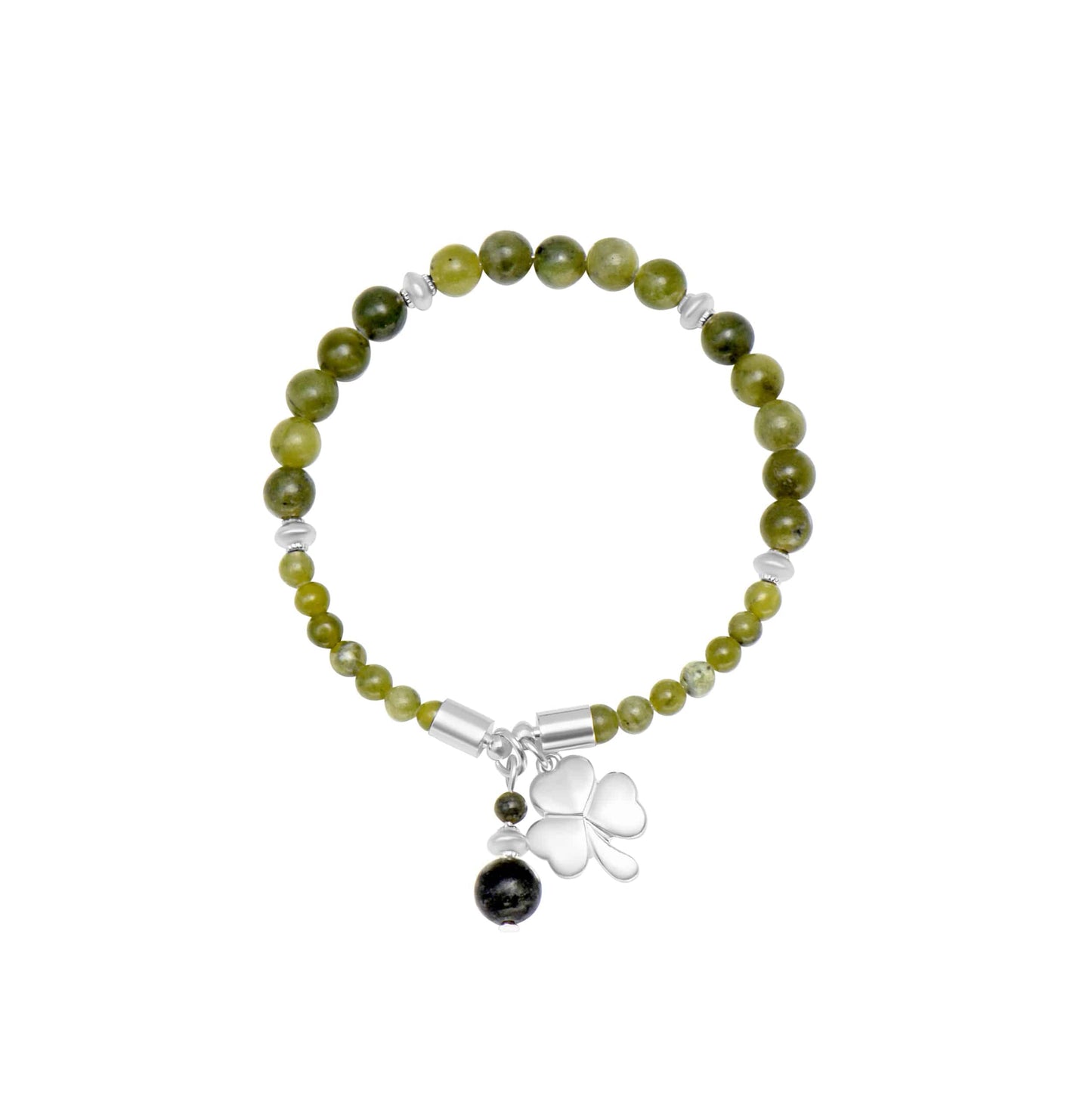 Beaded bracelet with a clover charm on a white background