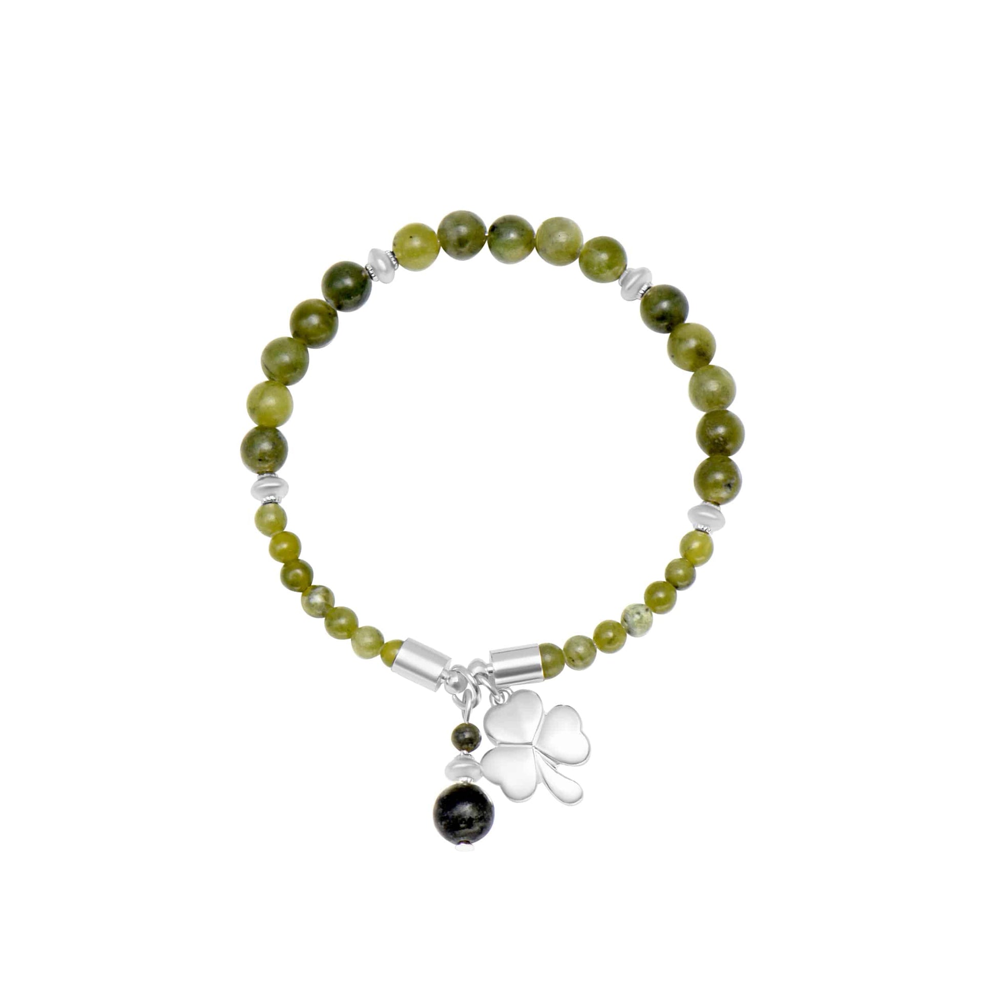 Beaded bracelet with a clover charm on a white background