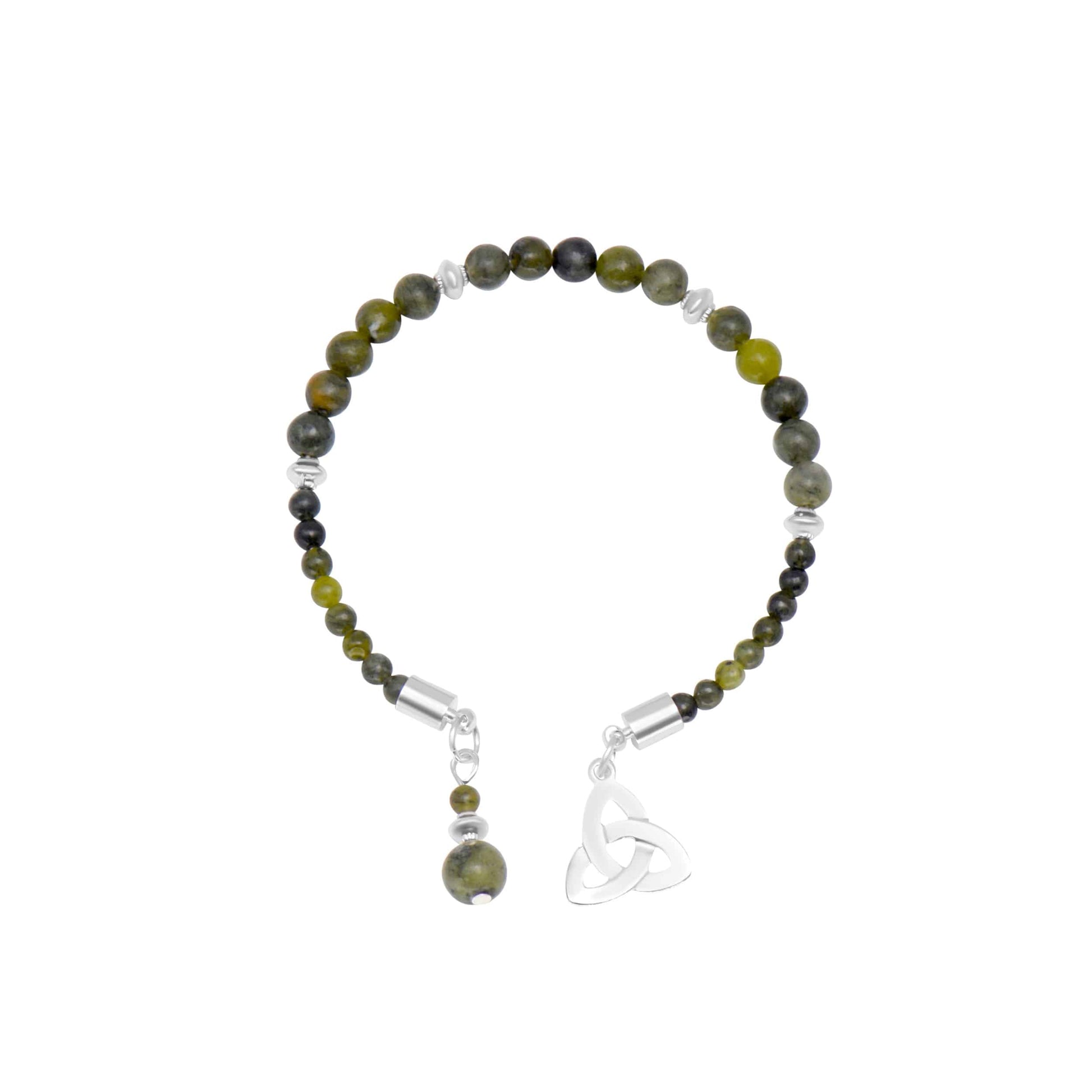 Beaded bracelet with a trinity knot charm on a white background