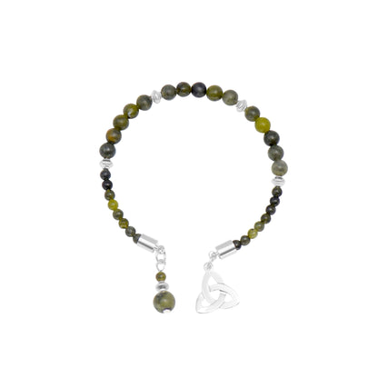 Beaded bracelet with a trinity knot charm on a white background