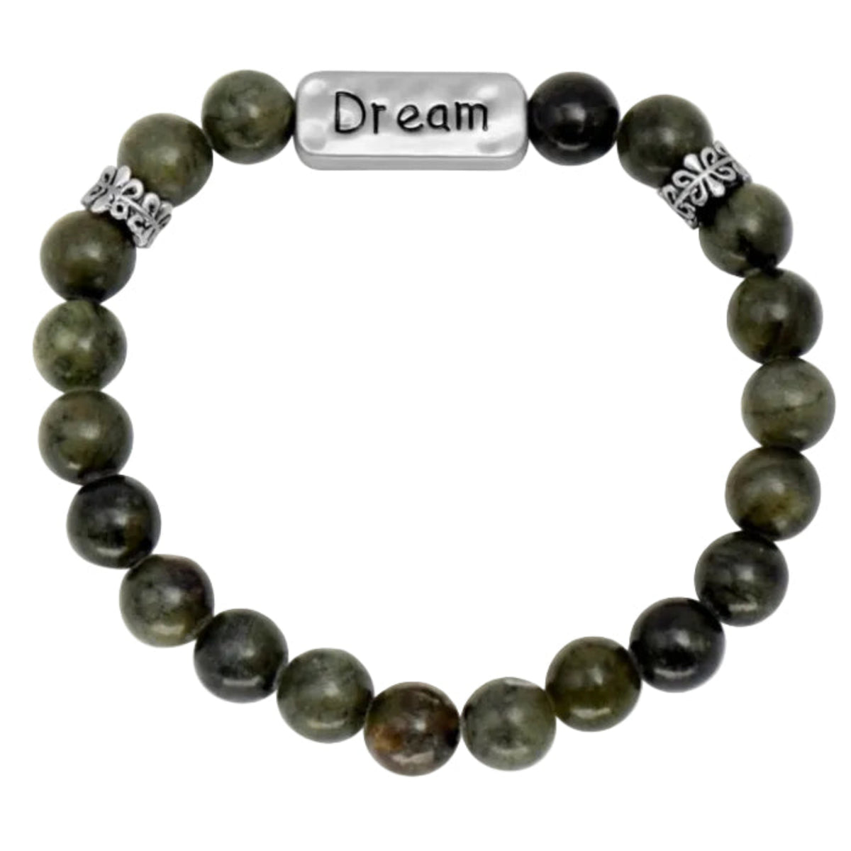 Green beaded bracelet with a charm that says "dream"