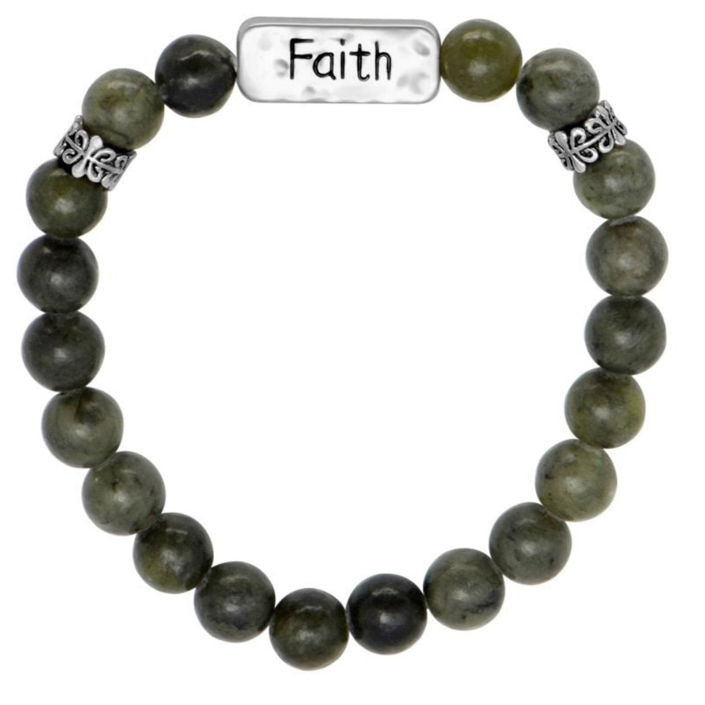 Green beaded bracelet with a charm that says "faith"