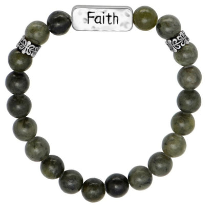 Green beaded bracelet with a charm that says "faith"