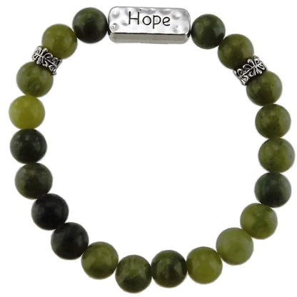 Green beaded bracelet with a charm that says "hope"