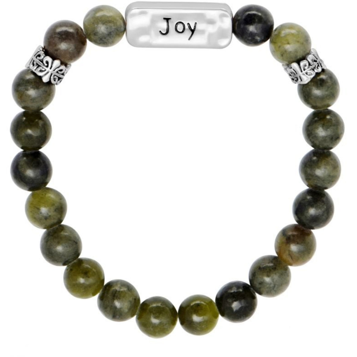 Green beaded bracelet with a charm that says "joy"