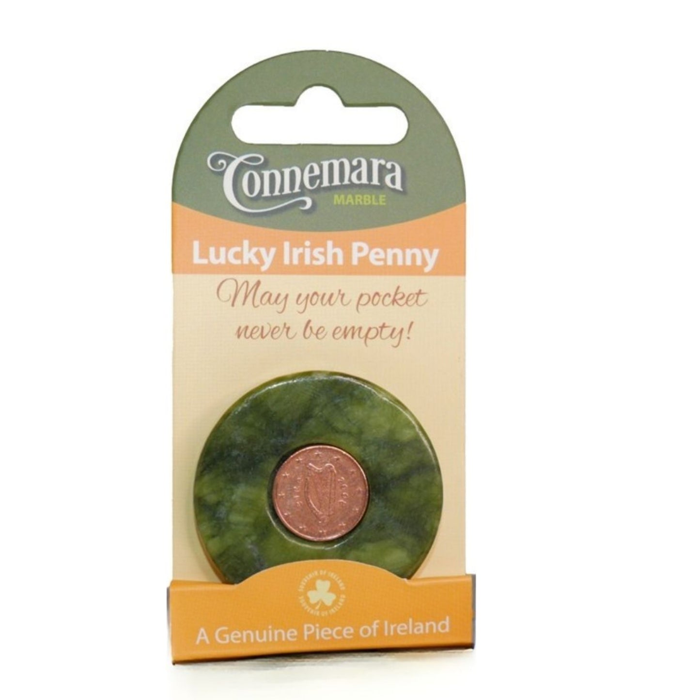 A round green marble stone with an Irish Penny in the center. Packaged in orange cardboard.