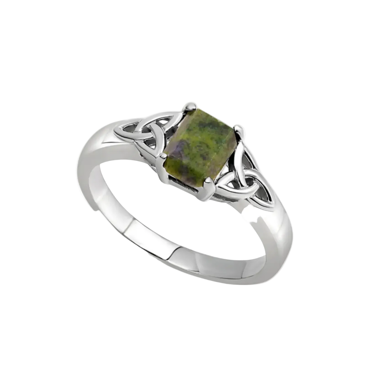A sterling silver ring with a trinity knot design featuring Connemara marble as the central stone.